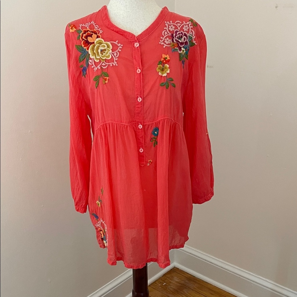 Johnny Was Embroidered Tunic Top Small Coral Silk Blend Boho